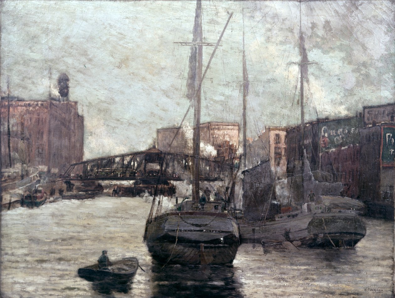 Vista del río Chicago mostrando el puente de la calle Clark, 1910-12 de William Clusmann