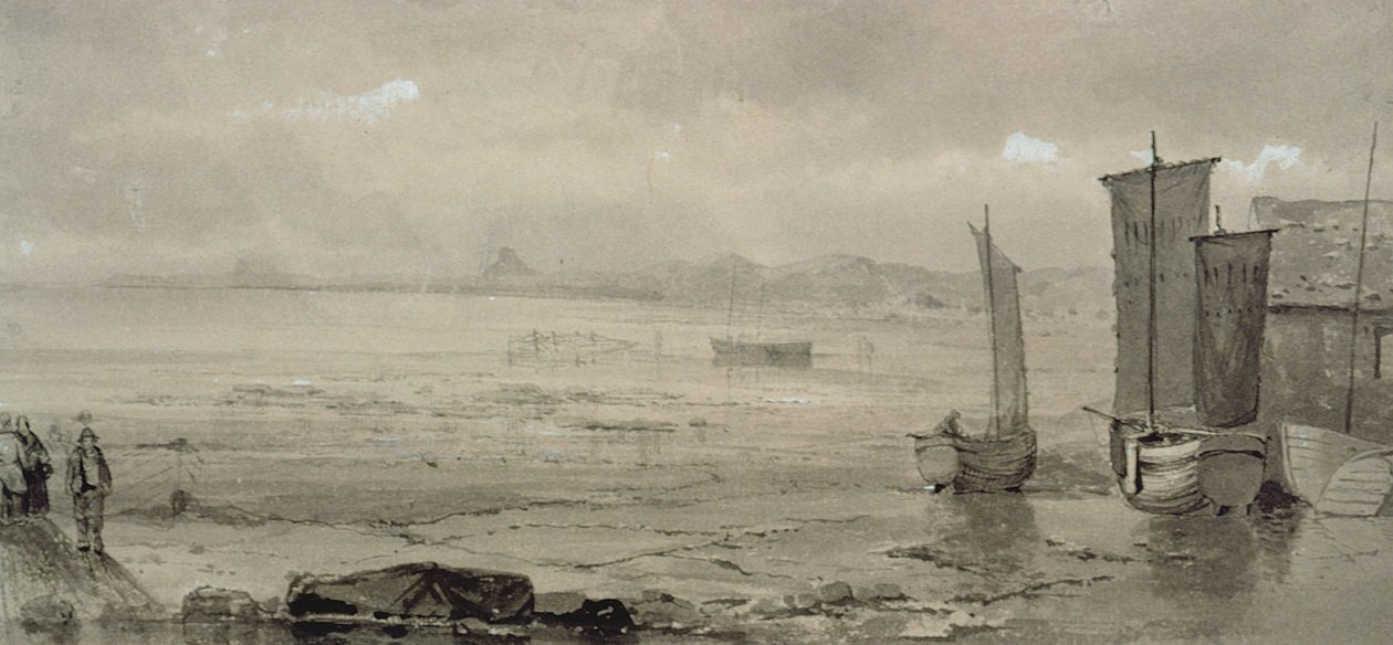 Estudio de la orilla del mar: marea baja, con barcos de pesca y pescadores de William Collins