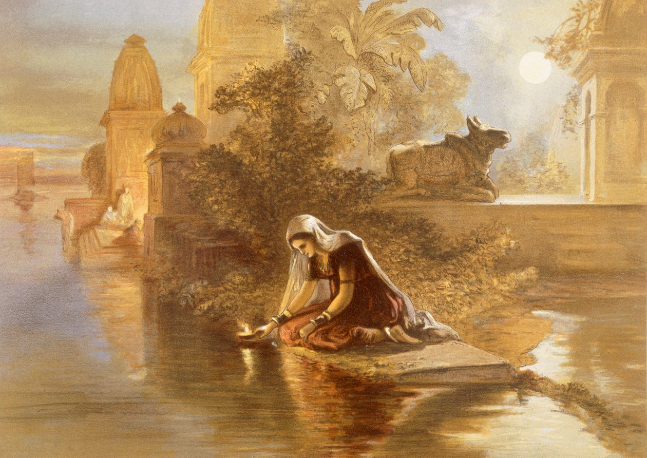 Mujer india flotando lámparas en el Ganges, de 