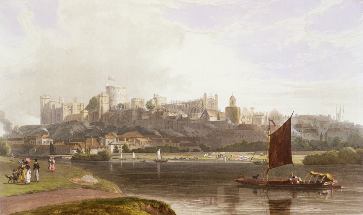 Castillo de Windsor desde el prado del río en el Támesis, de una compilación de vistas de Windsor, Eton y Virginia Water, c.1827-30 de William Daniell