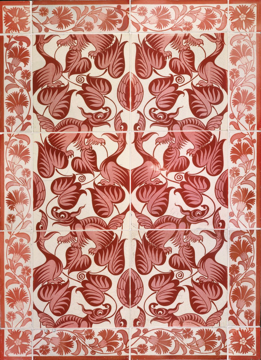 Panel de azulejos con patrón repetido de pájaros, dragones y follaje, c.1882-88 de William de Morgan