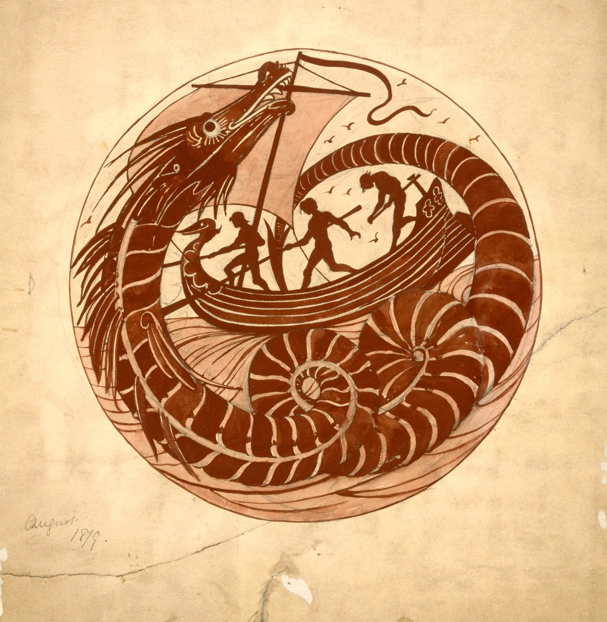 Diseño para un Plato usando un Dragón Marino y un Barco de William de Morgan