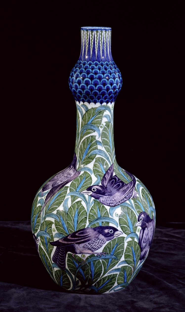 Gran botella con decoración de mirlo, pintada por Joe Juster, 1888-1904 de William de Morgan