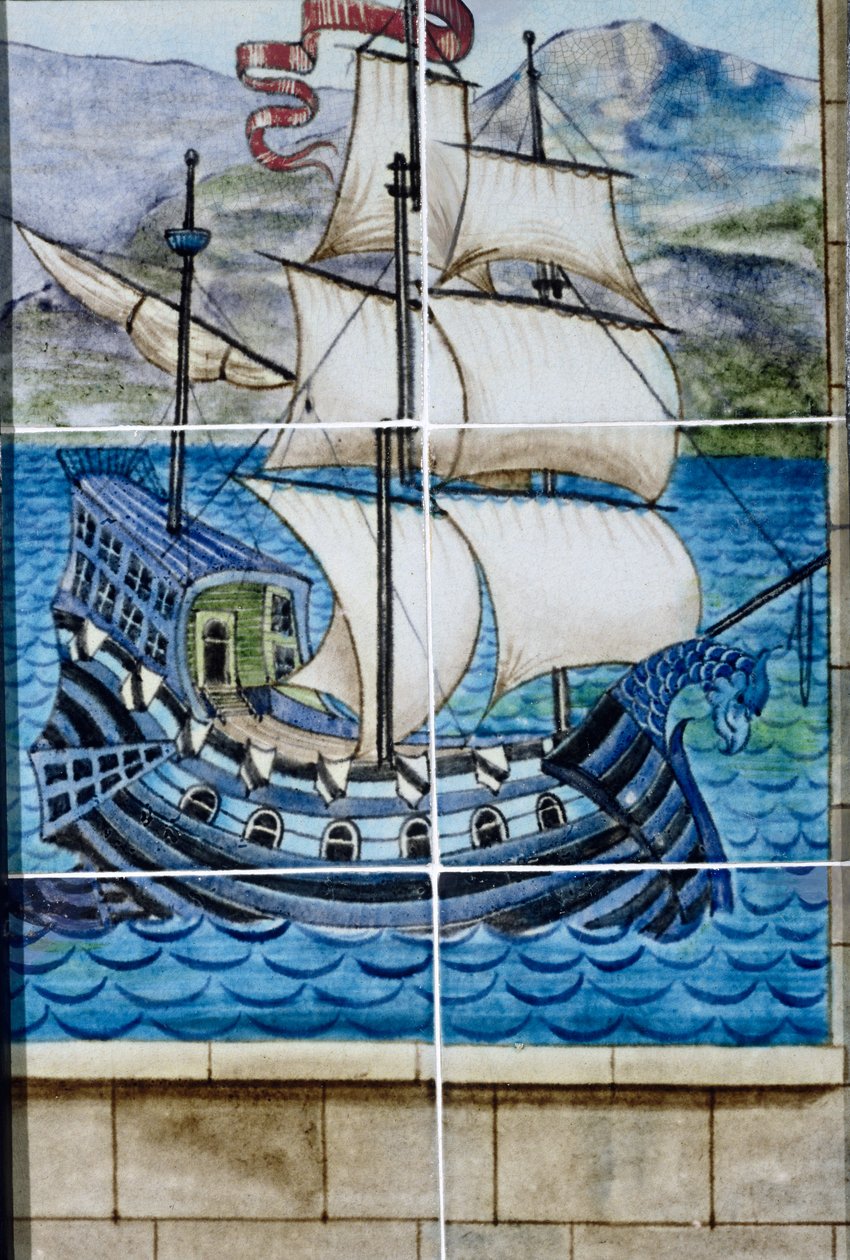 Seis azulejos que representan un galeón de William de Morgan