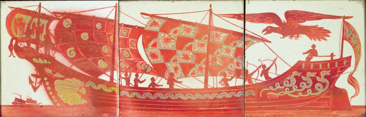 Tres azulejos que representan un barco (cerámica) de William de Morgan