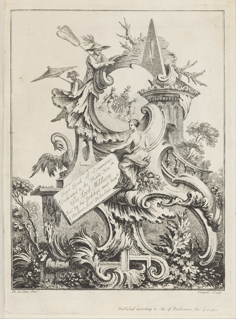 Frontispicio para el Libro 4, en Ocho libros de ornamento de William Delacour