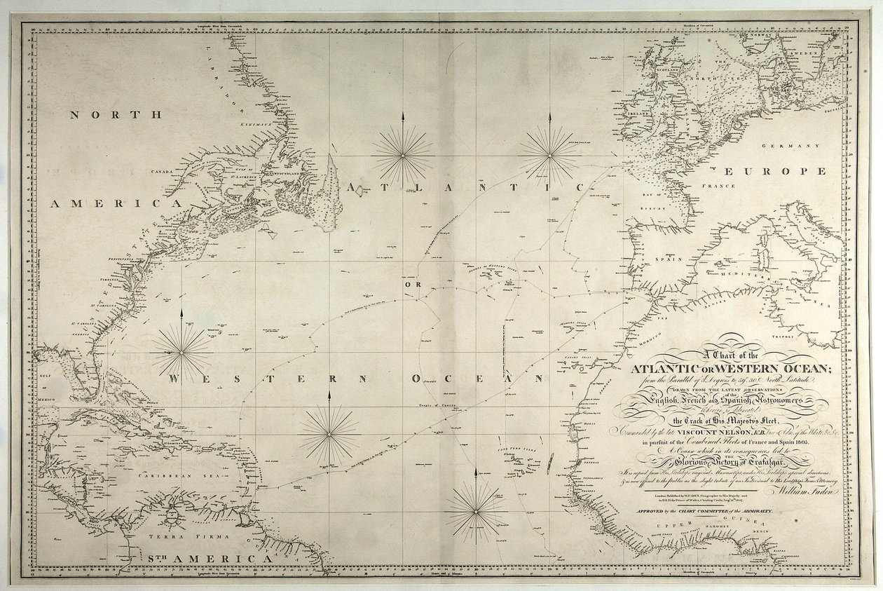 Carta del Atlántico u Océano Occidental, mostrando la ruta de la flota de Nelson, 12 de mayo-15 de agosto de 1805, 1807 de William Faden
