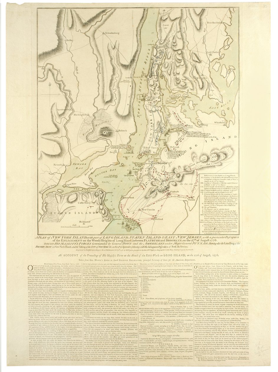Un plan de la Isla de Nueva York, con parte de Long Island, Staten Island y East New Jersey, con una descripción particular del enfrentamiento en las alturas boscosas de Long Island entre Flatbush y Brooklyn de William Faden