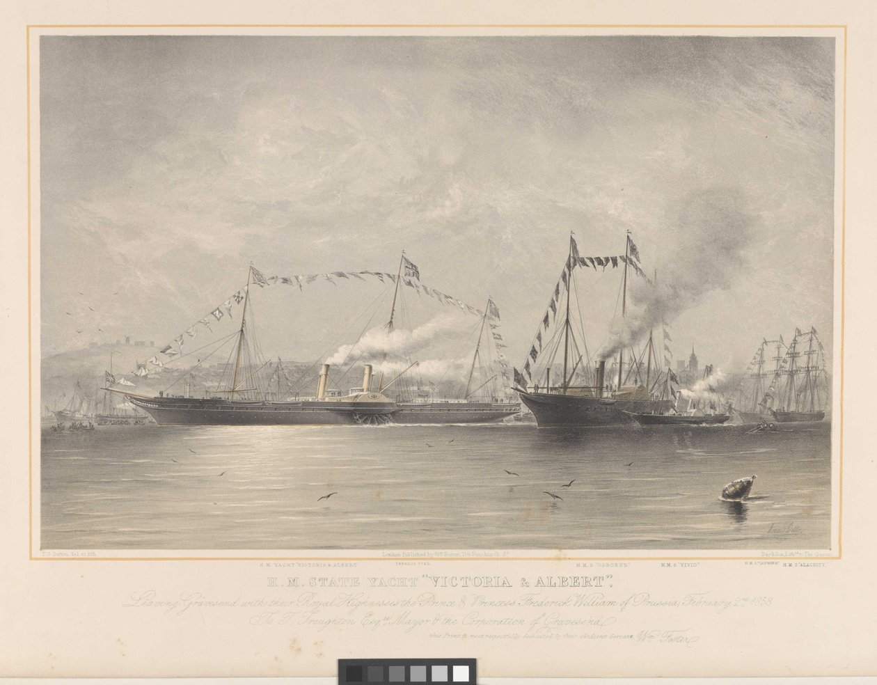 Yate estatal H.M. Victoria & Albert, saliendo de Gravesend con sus Altezas Reales el Príncipe y la Princesa Federico Guillermo de Prusia, 2 de febrero de 1858 de William Foster