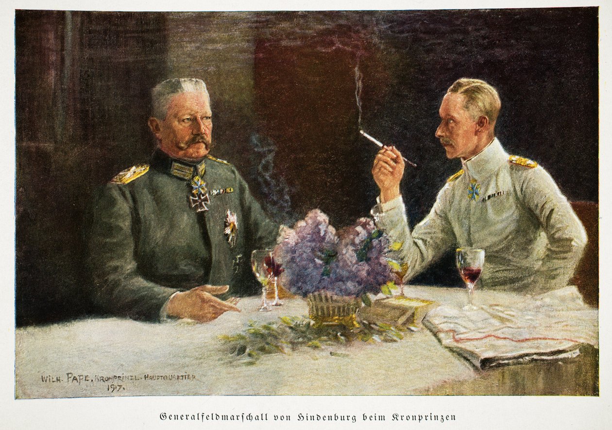 Guillermo, Príncipe Heredero de Alemania y el Mariscal de Campo General Von Hindenburg en Kronprinzen, pub. 1917 de William Friedrich Georg Pape