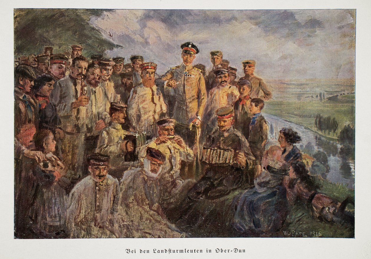 Guillermo, Príncipe Heredero de Alemania visitando tropas que descansan con sus familias mientras están fuera de servicio, pub. 1918 de William Friedrich Georg Pape