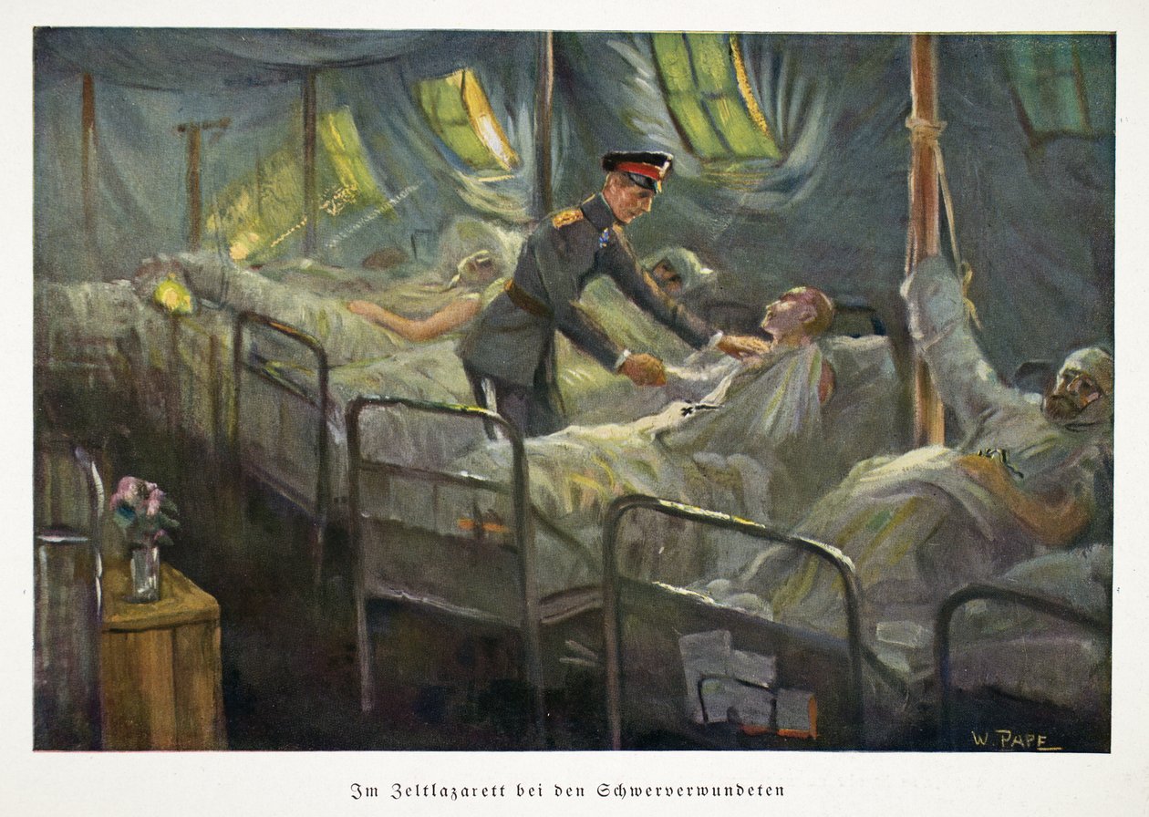 Guillermo, Príncipe Heredero de Alemania visitando tropas heridas en un hospital de campaña, pub. c1917 de William Friedrich Georg Pape