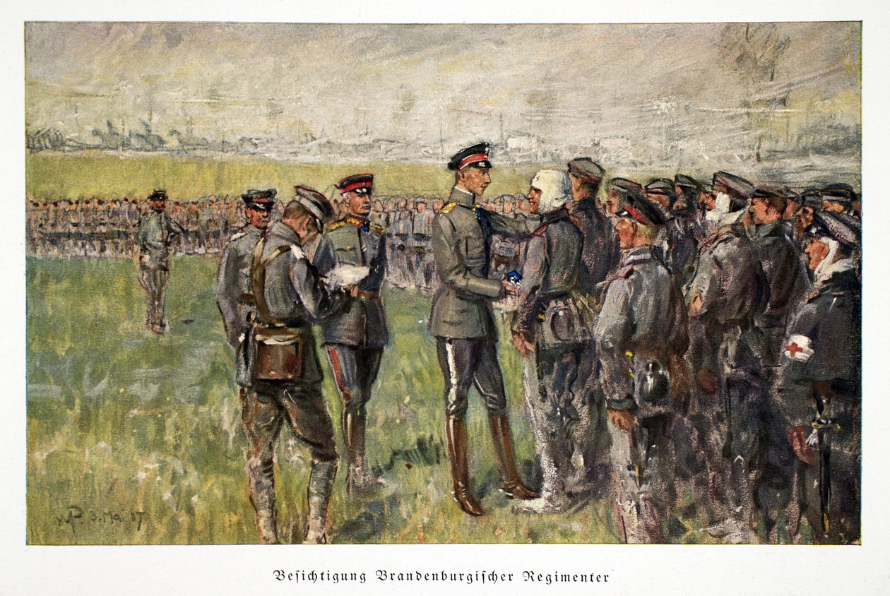 Guillermo, Príncipe Heredero de Alemania, visitando a las tropas heridas en el campo, pub. 3 de mayo de 1917 de William Friedrich Georg Pape