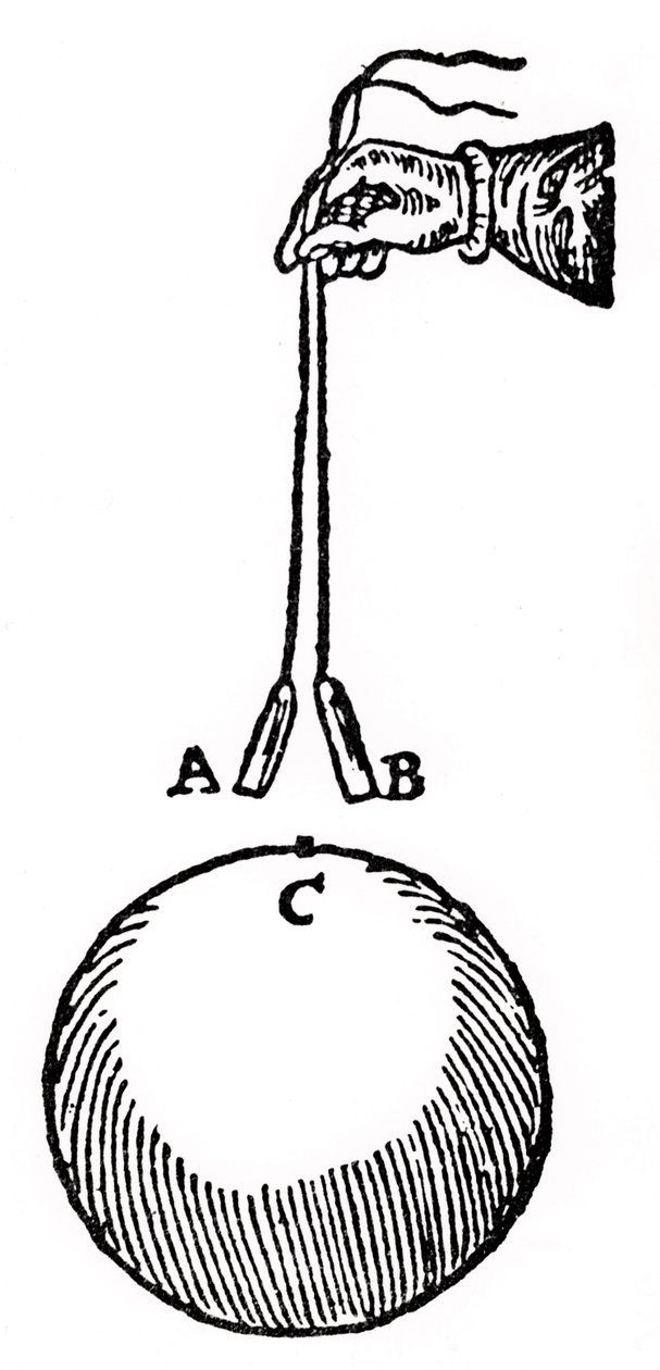 Experimento de Gilbert para demostrar que dos piezas de alambre de hierro, A,B, colocadas cerca del polo, C, de un imán, tendrán el mismo magnetismo inducido en ellas y se repelerán mutuamente. De William Gilbert de William Gilbert