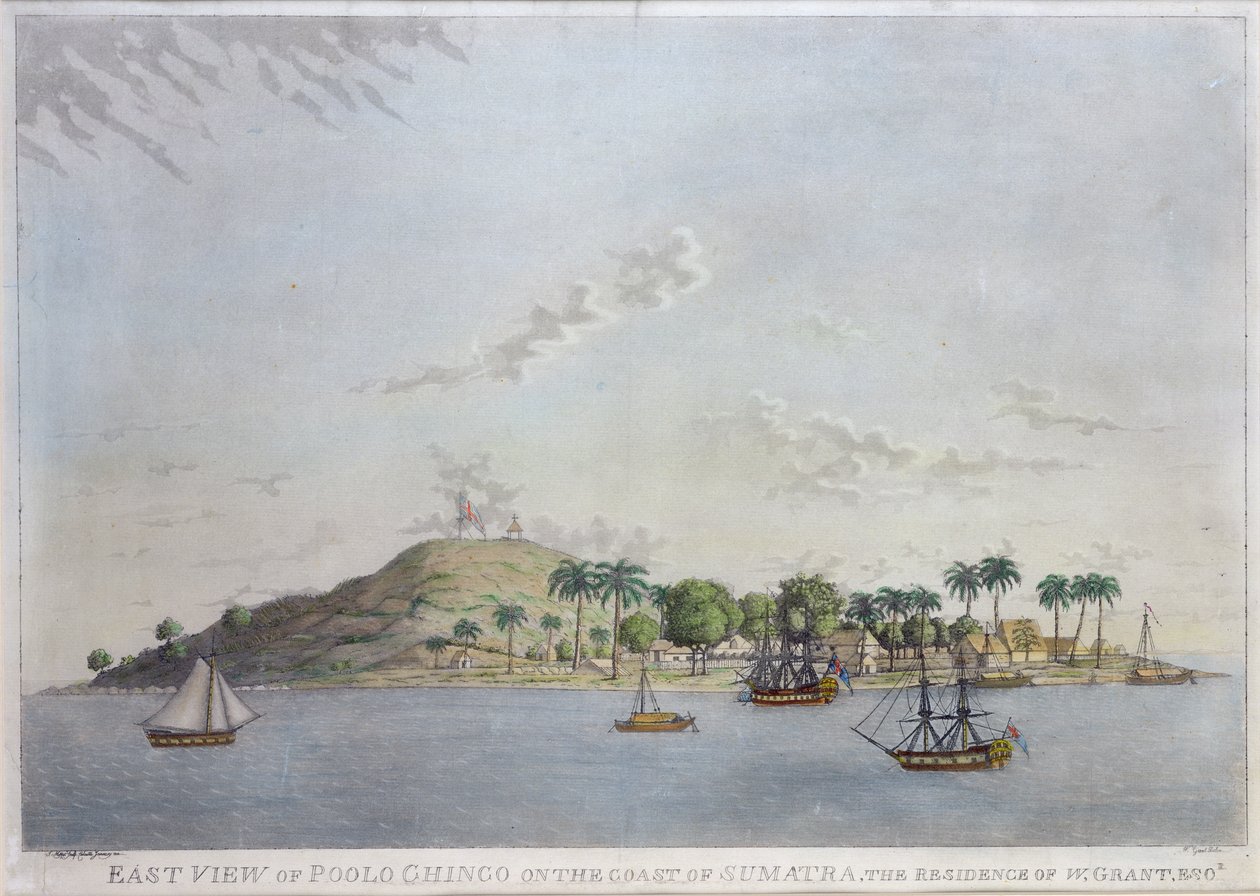 Vista este de Poolo Chinco en la costa de Sumatra, la residencia de W. Grant Esq., grabado por James Moffat, 1802 de William James Grant