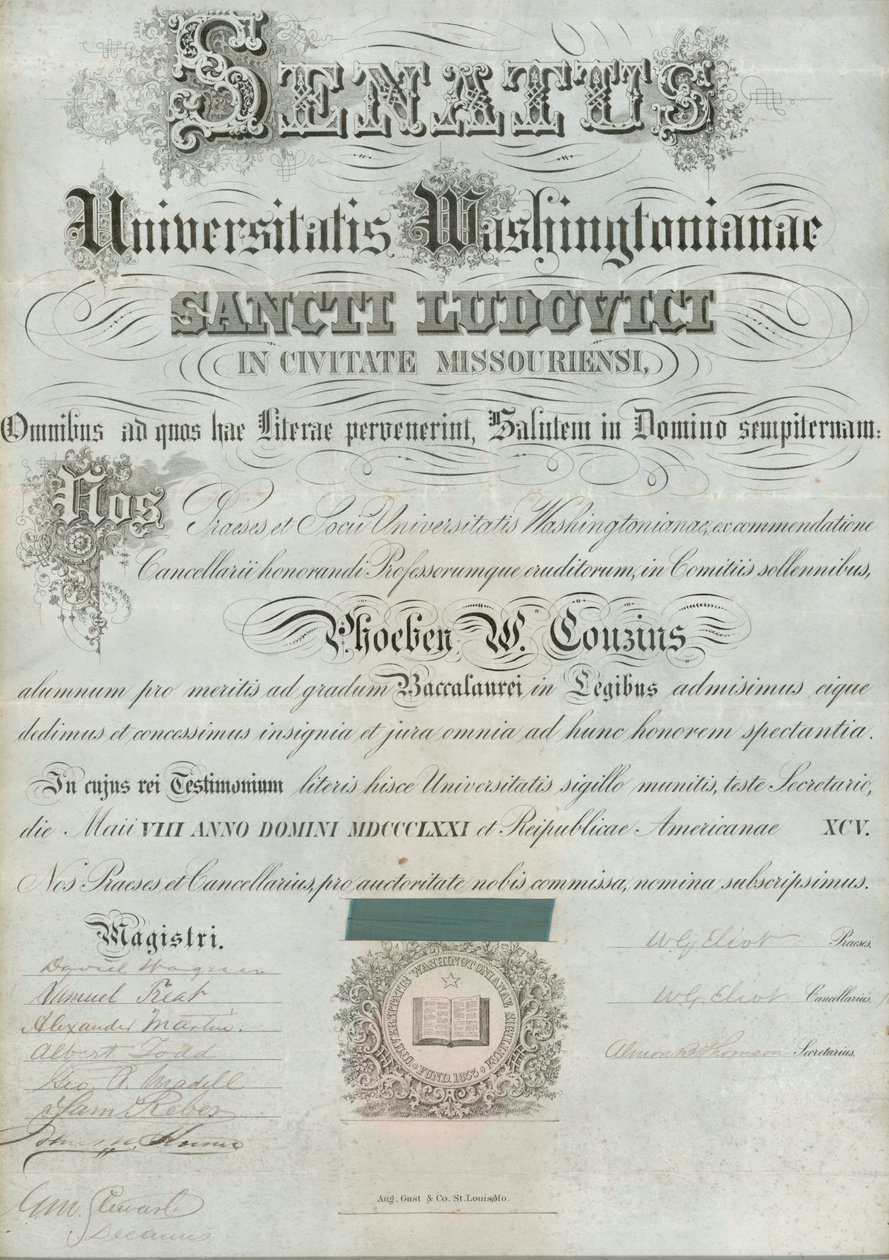 Diploma de la Universidad de Washington de Phoebe Couzins, firmado por el Presidente W.G. Eliot et al., 8 de mayo de 1871 de William Greenleaf Eliot