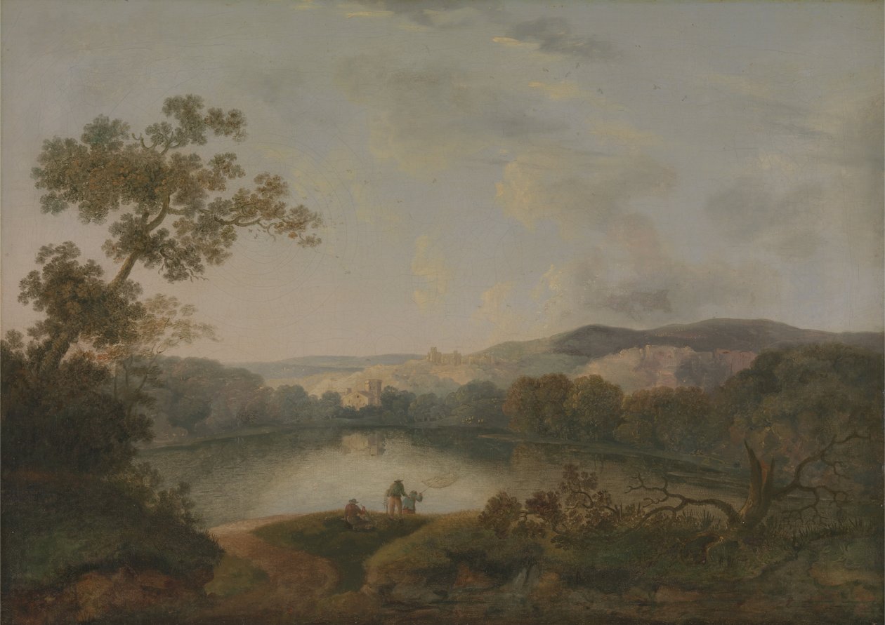 Vista de un lago con pescadores de William Groombridge