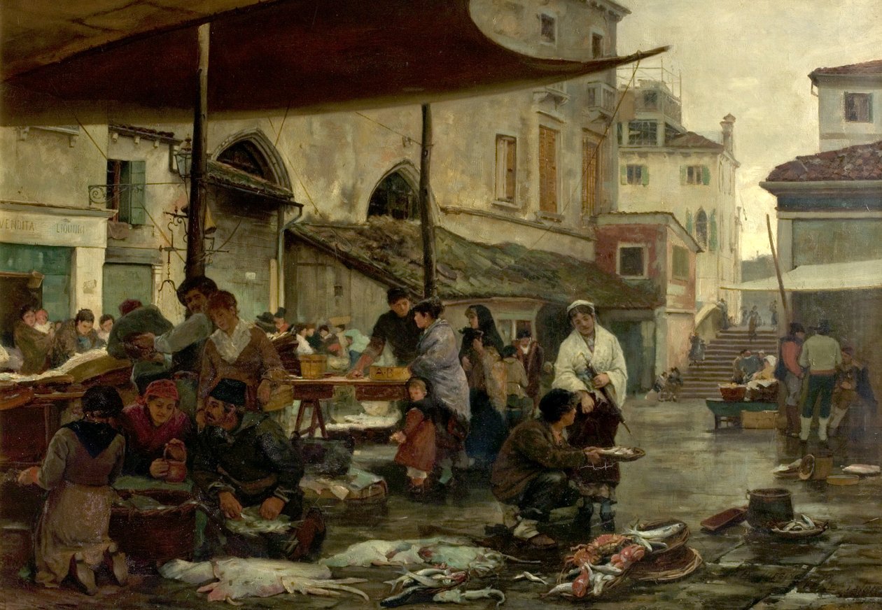 El mercado de pescado, Venecia, Italia, 1881 de William H. Jobbins