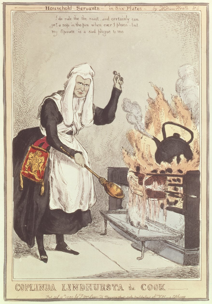 Coplinda Lindhursta la Cocinera, no.6 de la serie Criados Domésticos, publicada en 1829 de William Heath