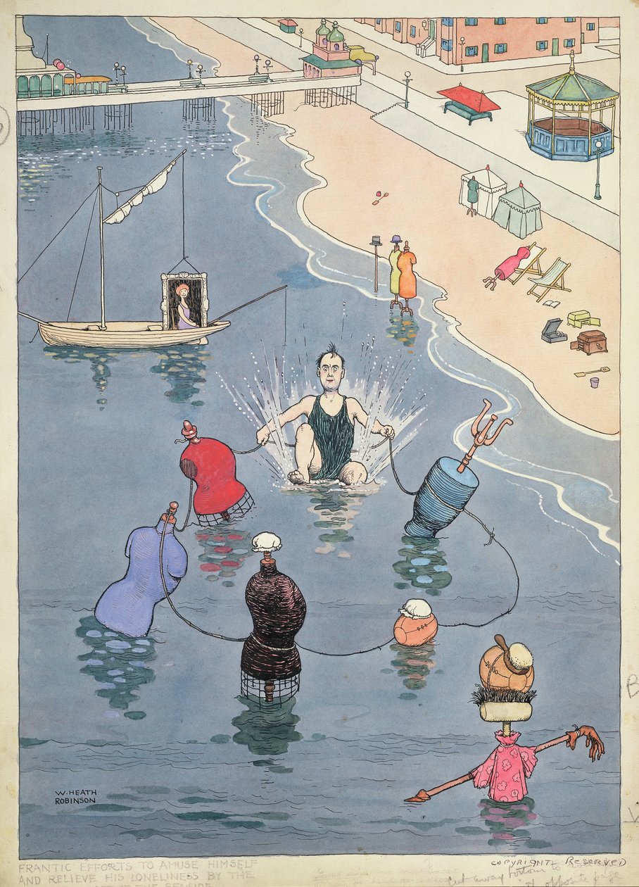 Esfuerzos frenéticos para divertirse y aliviar su soledad por el último hombre que queda en la costa de William Heath Robinson