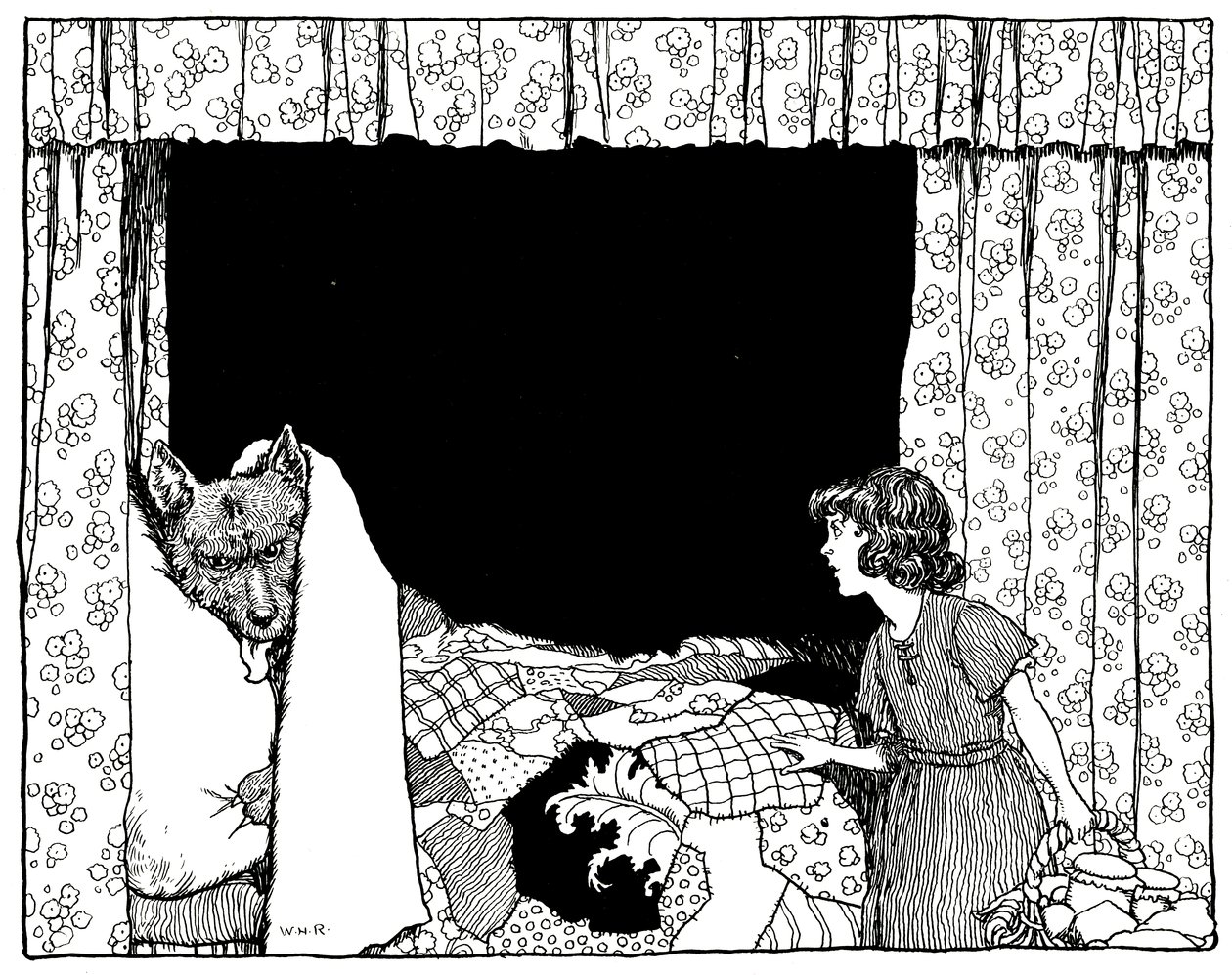 Caperucita Roja Fue a la Cama, ilustración de Old Time Stories de Charles Perrault, pub. por Constable & Co Ltd, 1921 de William Heath Robinson