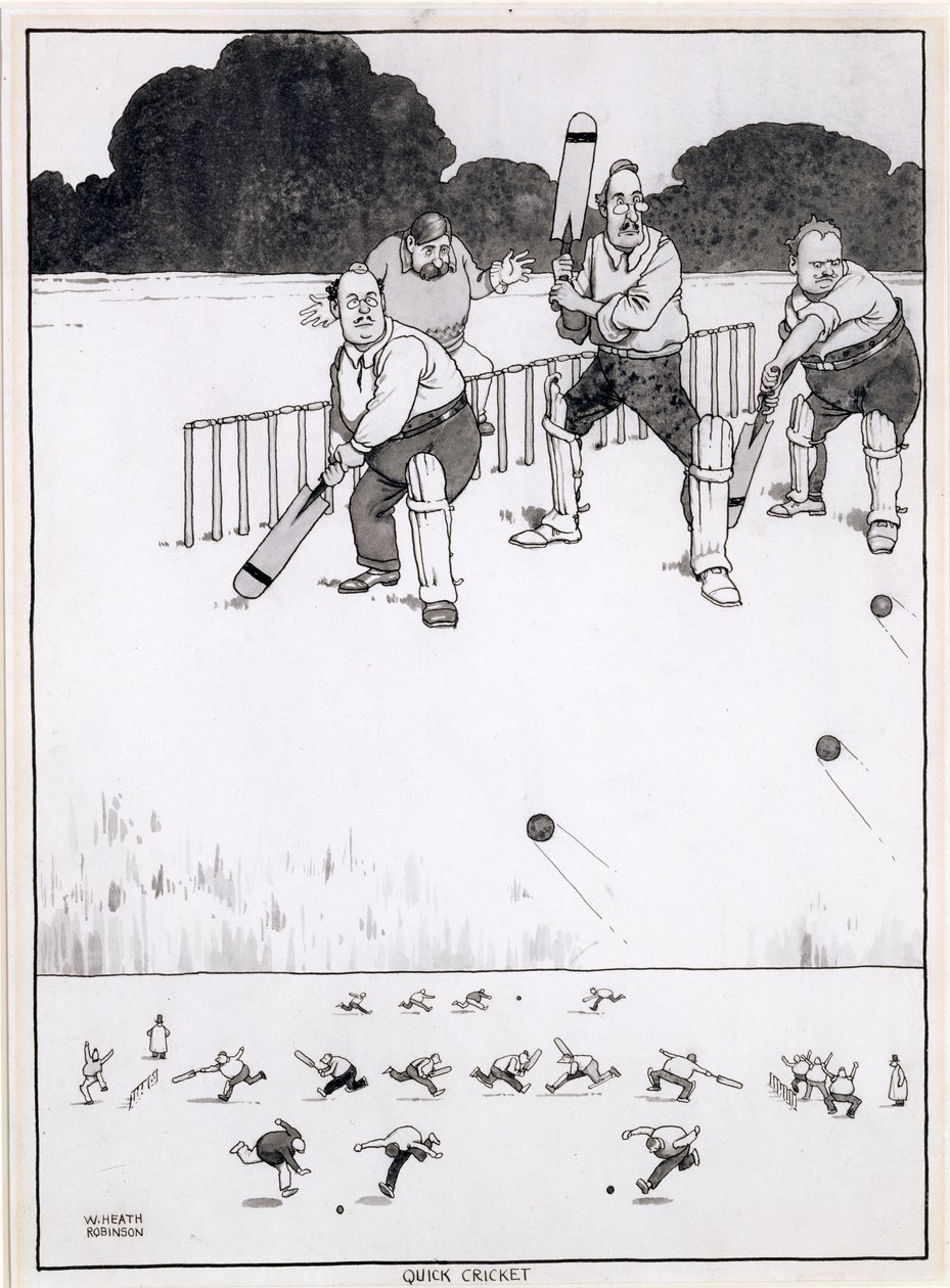 Cricket Rápido, un Nuevo Método para Dar Oportunidad a Ambos Lados, una ilustración para The Bystander, mayo de 1927 de William Heath Robinson