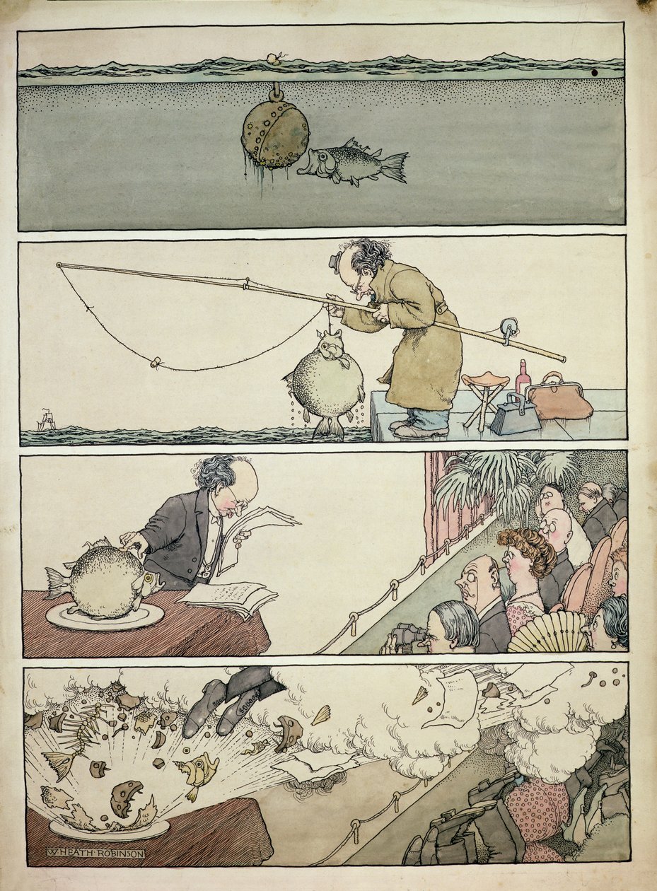 El pez y la mina flotante de William Heath Robinson
