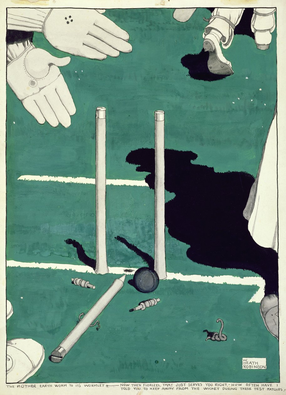 La madre lombriz a su lombricita - Ahora bien Florizel... cuántas veces te he dicho que te mantengas alejado del portillo durante estos partidos de prueba de William Heath Robinson