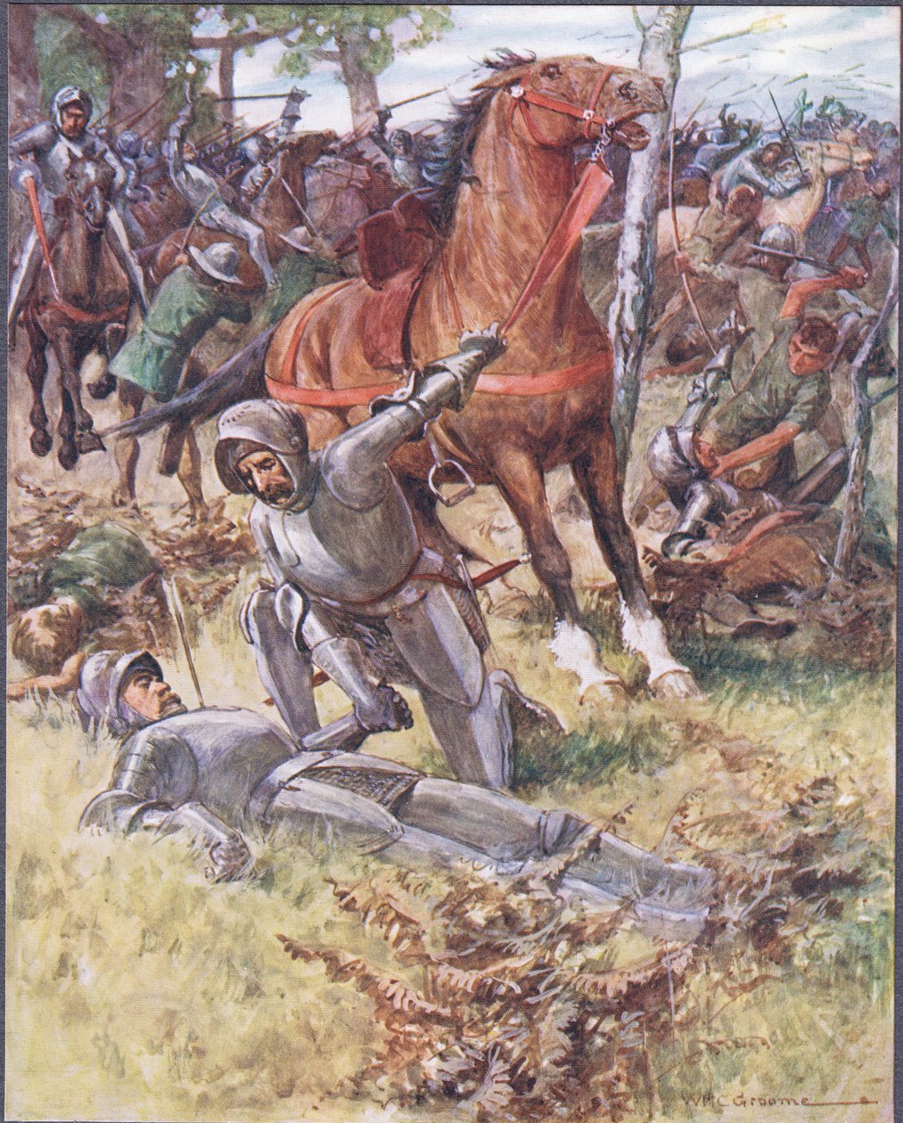Entonces dejando la vida, Earl Percy tomó al hombre muerto de la mano, ilustración de Baladas de Luchas Famosas, c.1900 de William Henry Charles Groome