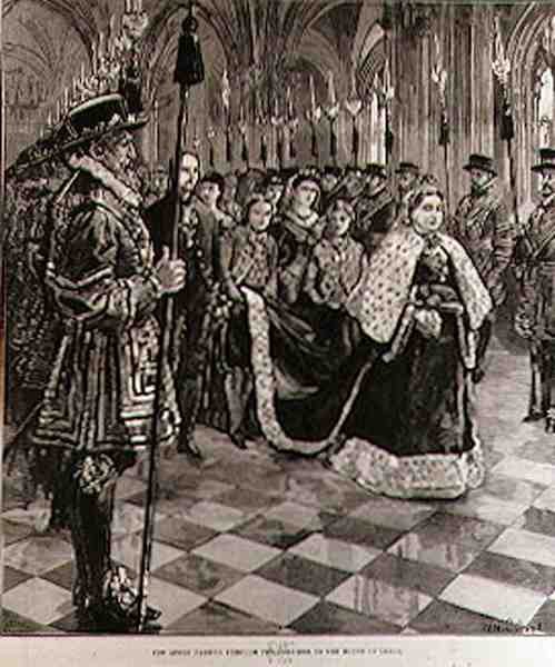 La Reina pasando por el corredor hacia la Cámara de los Lores, de The Illustrated London News, 30 de enero de 1886 de William Heysham after Overend