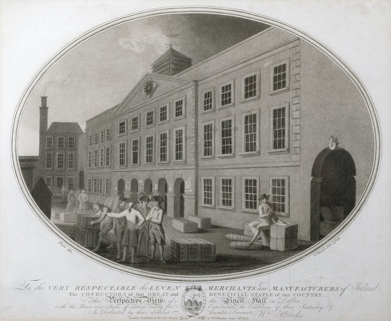 Vista en Perspectiva del Salón del Lino en Dublín, placa XII de La Manufactura de Lino de Irlanda, 1783 de William Hincks