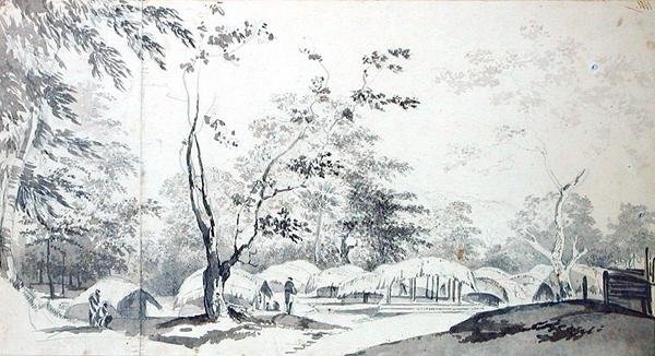 Vista de un Pueblo en la Colina en el Distrito de Baugelepoor (Bhagalpur) 1783 de William Hodges