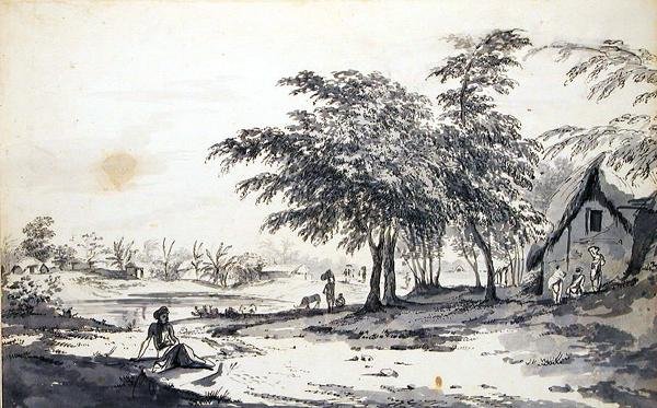 Vista de un Pueblo Indio con un Hombre Sentado en Primer Plano, c.1781-83 de William Hodges
