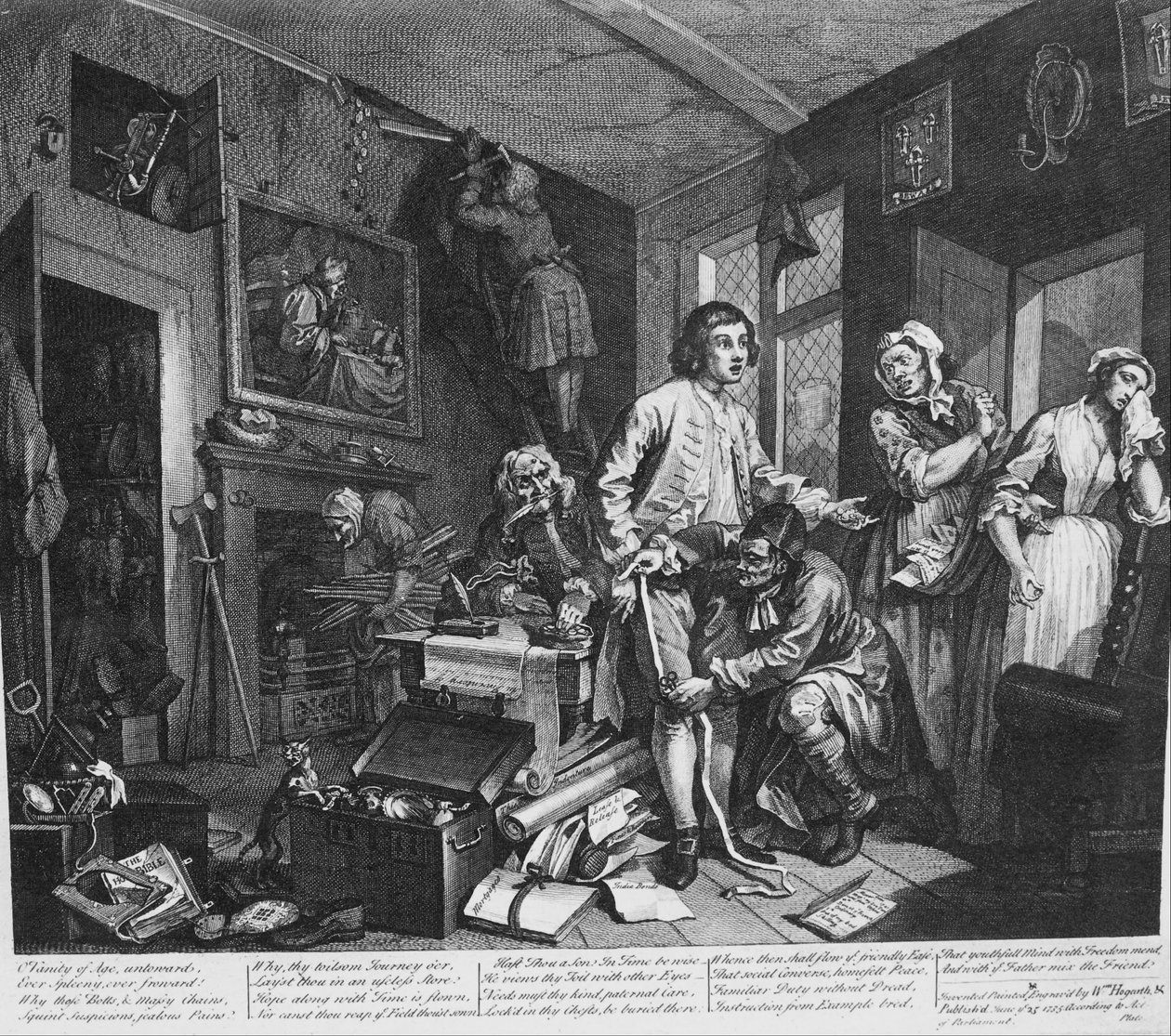 El progreso de un libertino, Placa 1, El joven heredero toma posesión de los efectos del avaro de William Hogarth