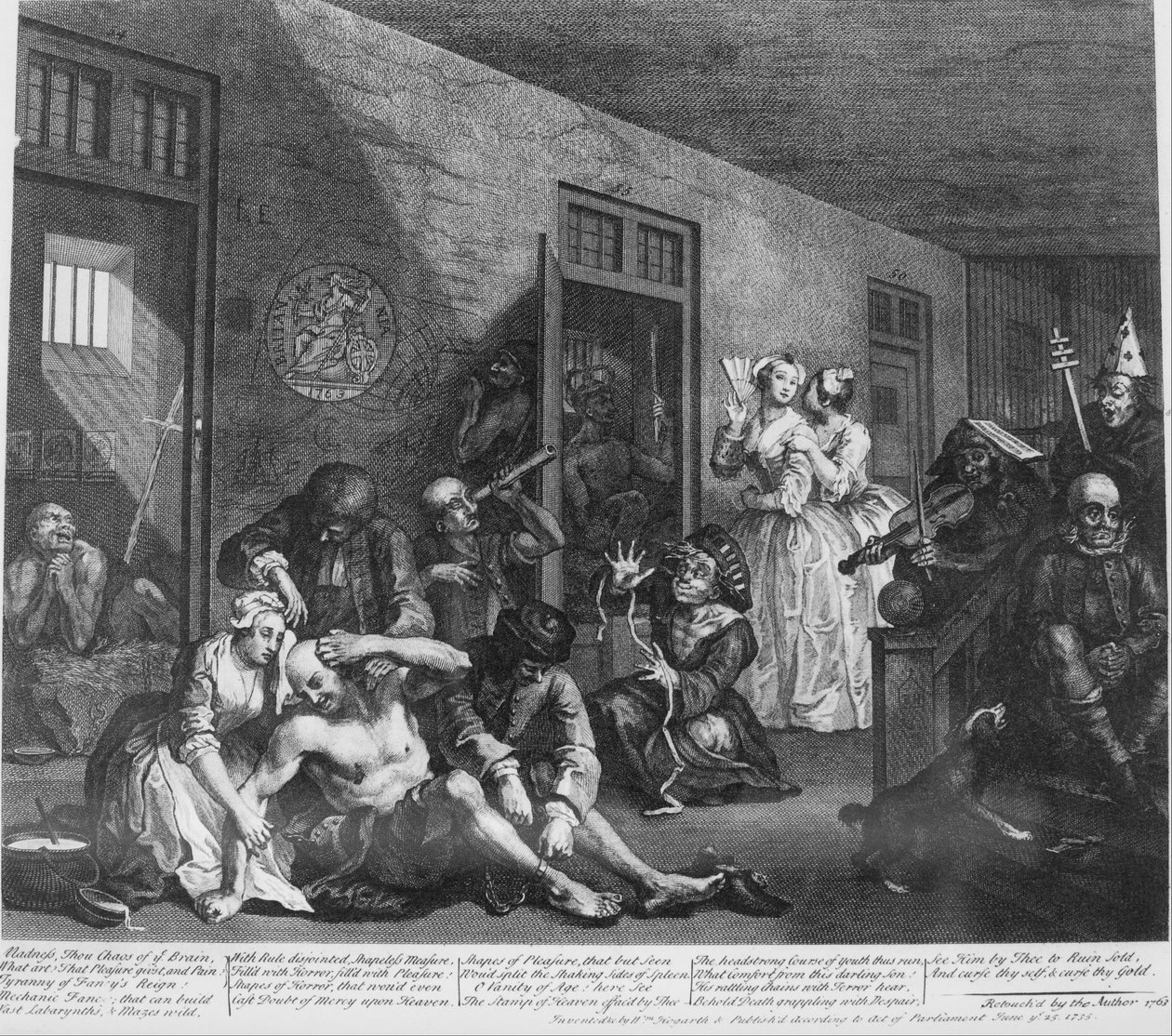 El progreso de un libertino, Placa 8, En el manicomio de William Hogarth