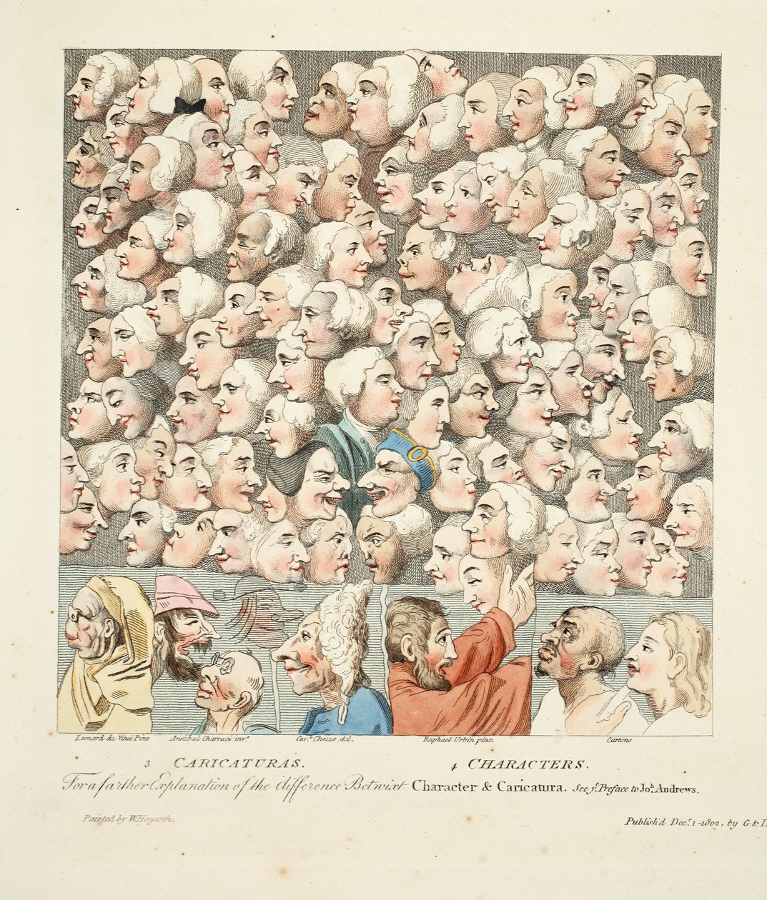 Personajes y caricaturas, publicado en abril de 1743, ilustración de 
