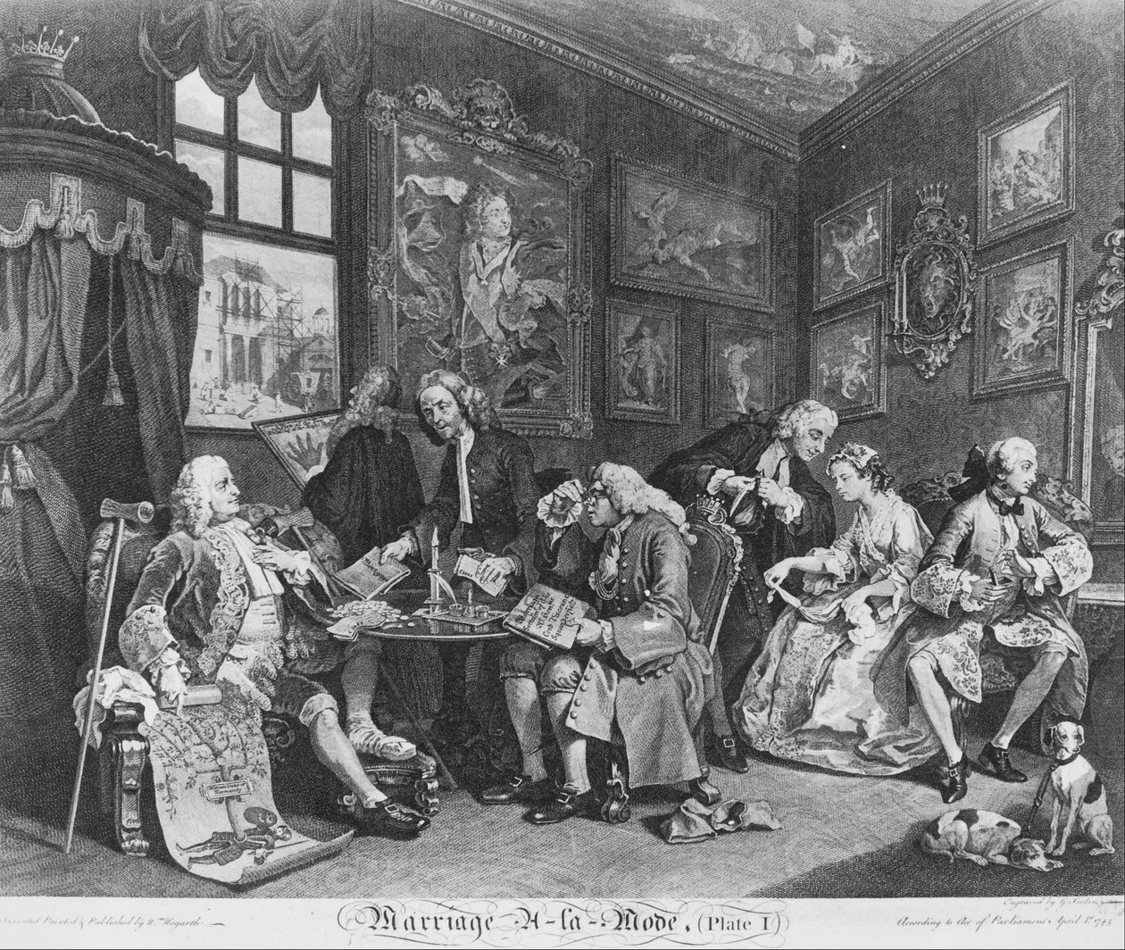 Matrimonio a la moda, Placa 1, (El contrato de matrimonio) de William Hogarth
