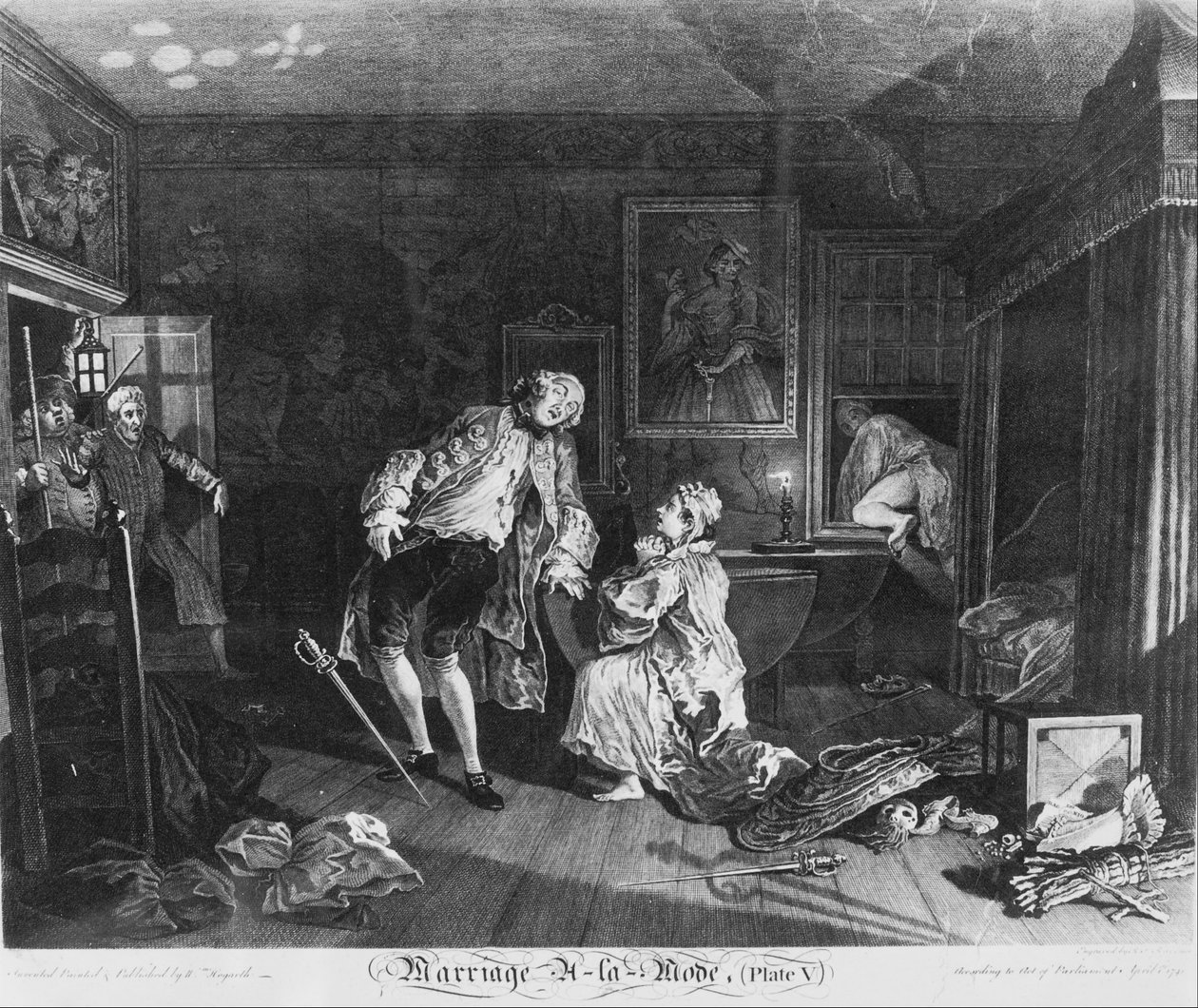 El matrimonio a la moda, placa 5, (La muerte del conde) de William Hogarth