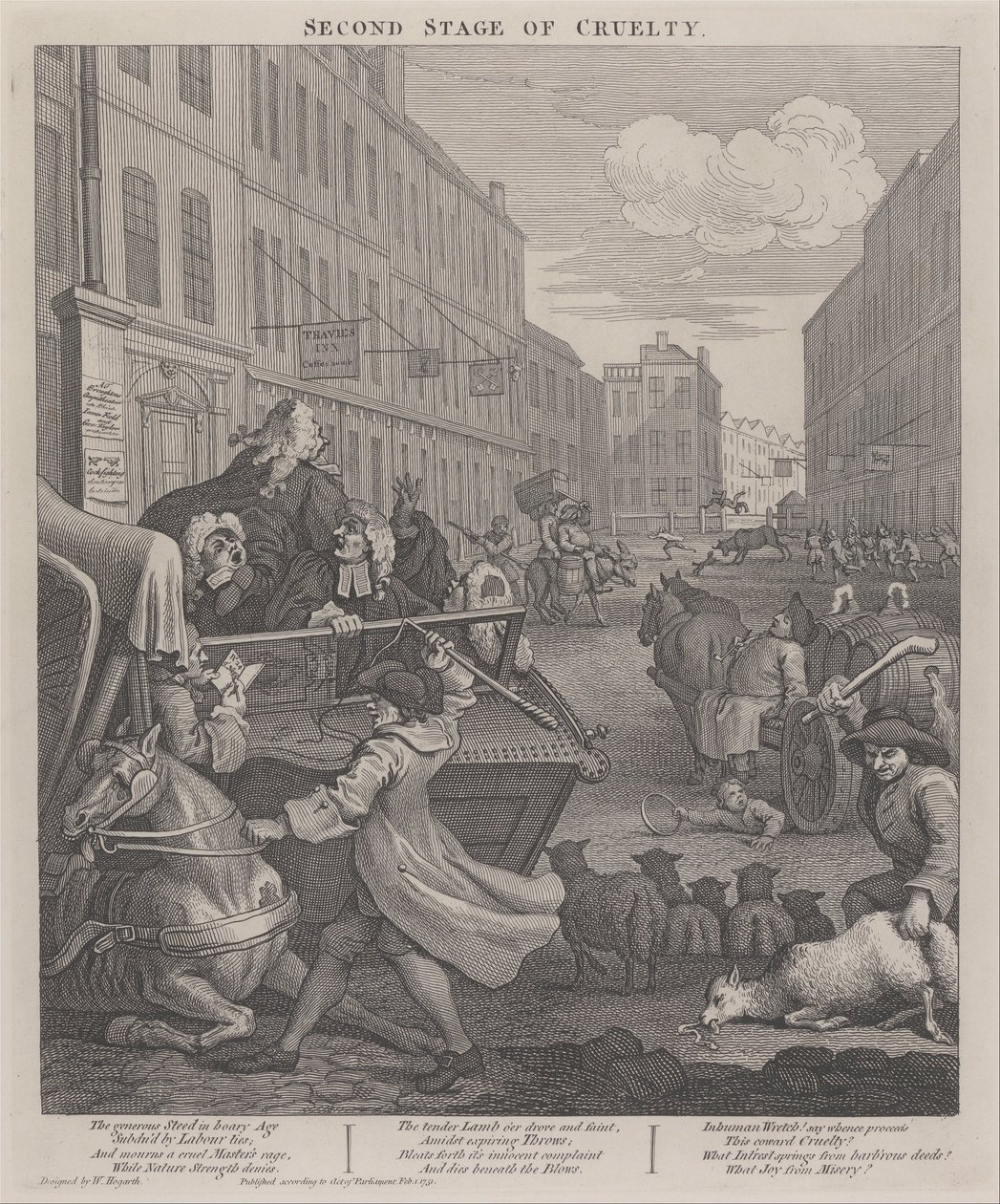 La segunda etapa de la crueldad- Cochero golpeando a un caballo caído de William Hogarth