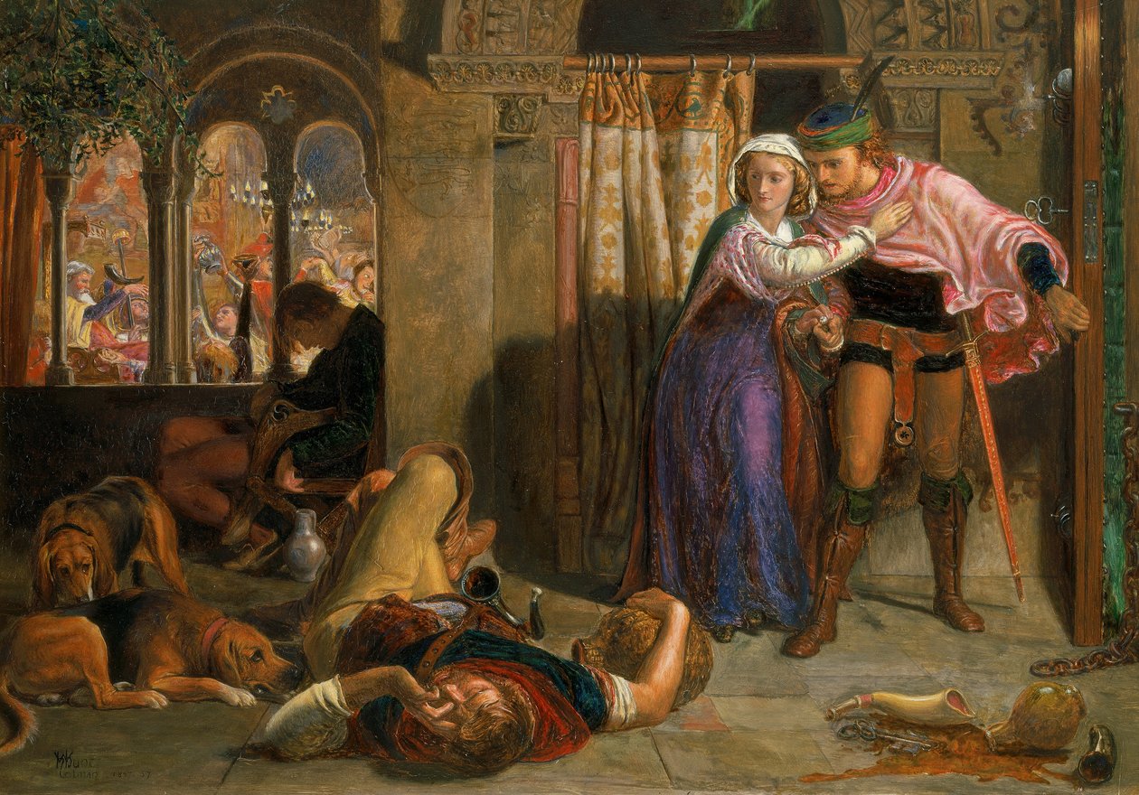 La huida de Madeline y Porphyro durante la embriaguez de la fiesta (La víspera de San Agustín) de William Holman Hunt