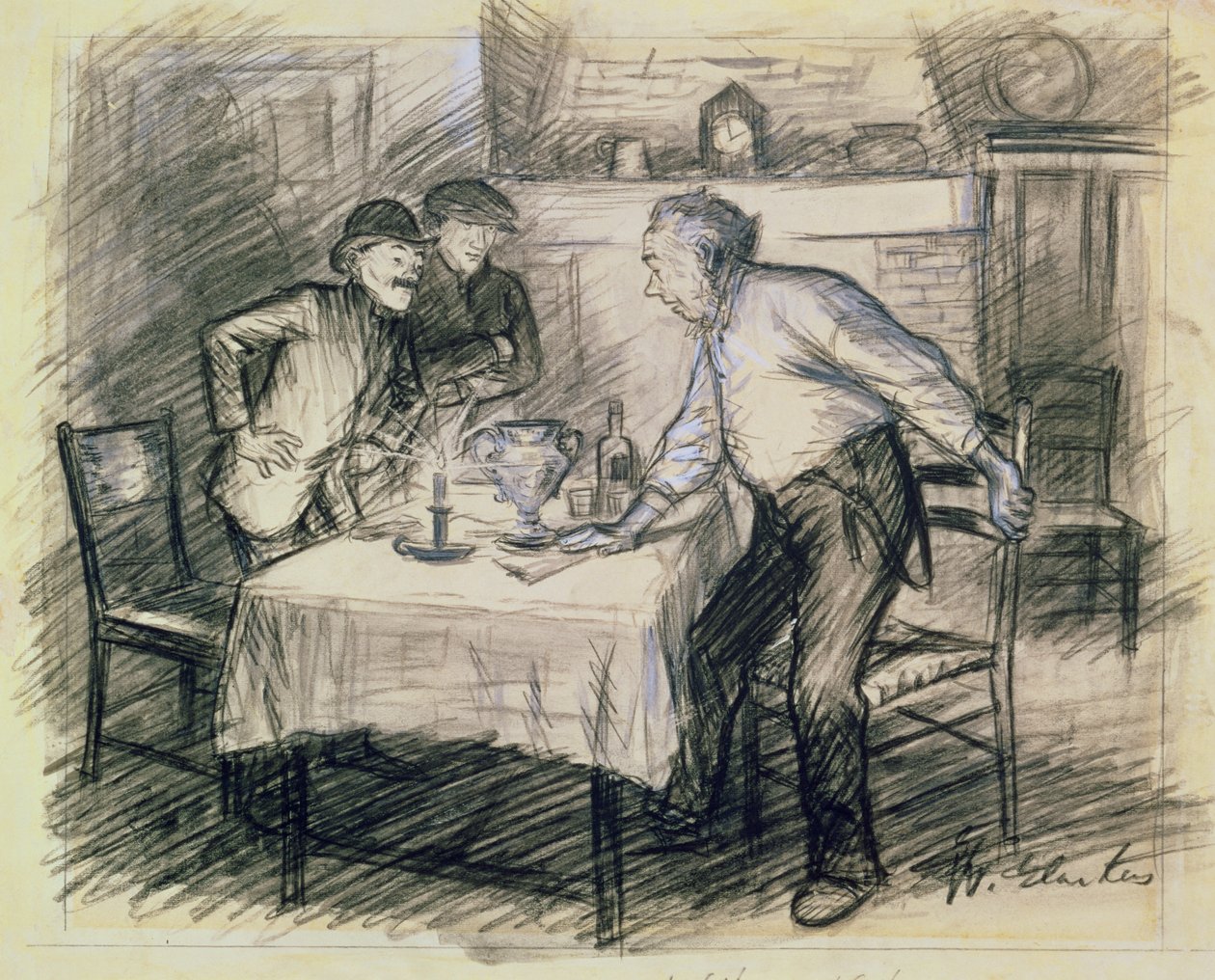 Interior con tres hombres levantándose de una mesa de William James Glackens