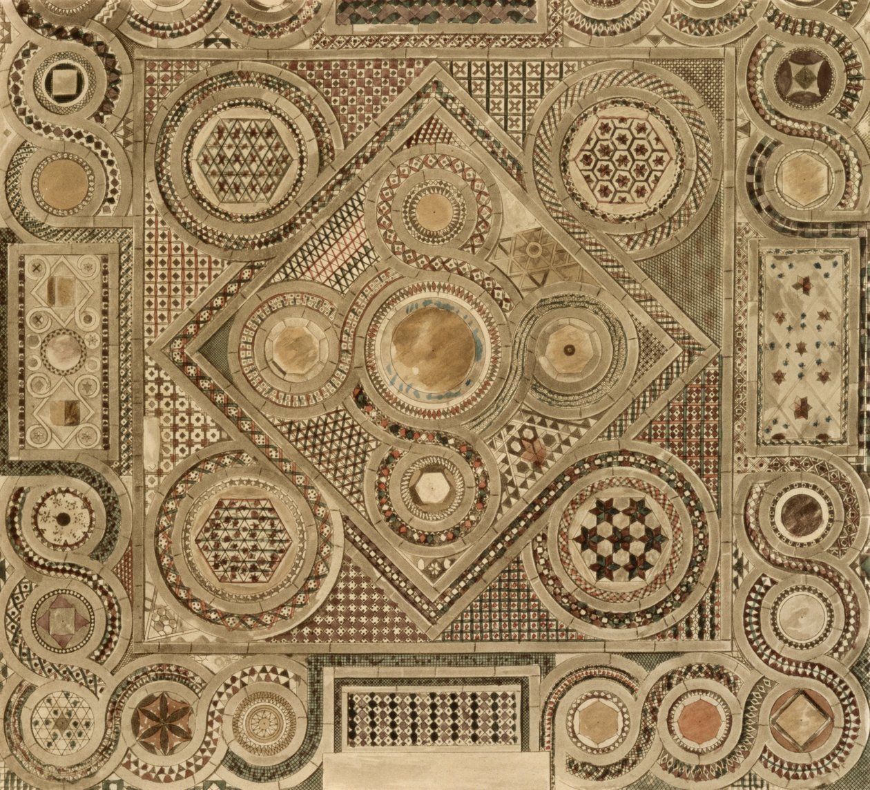 Pavimento de mosaico frente al altar, placa A de 