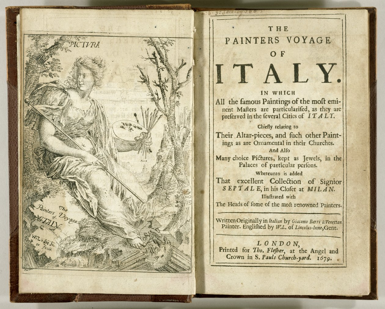 Página de título de El Viaje del Pintor a Italia... por Giacomo Barri, 1679 de William Lodge