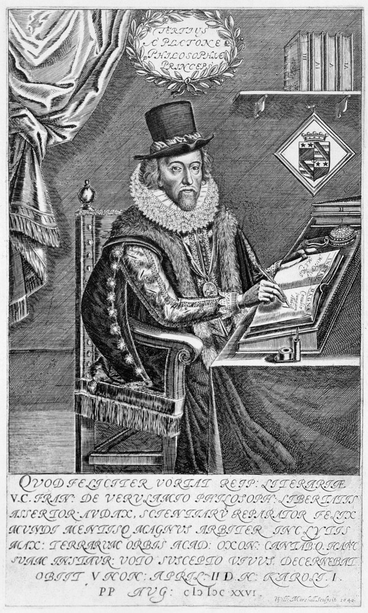Retrato de Francis Bacon (1561-1626) Vizconde de St. Albans escribiendo en su escritorio de William Marshall