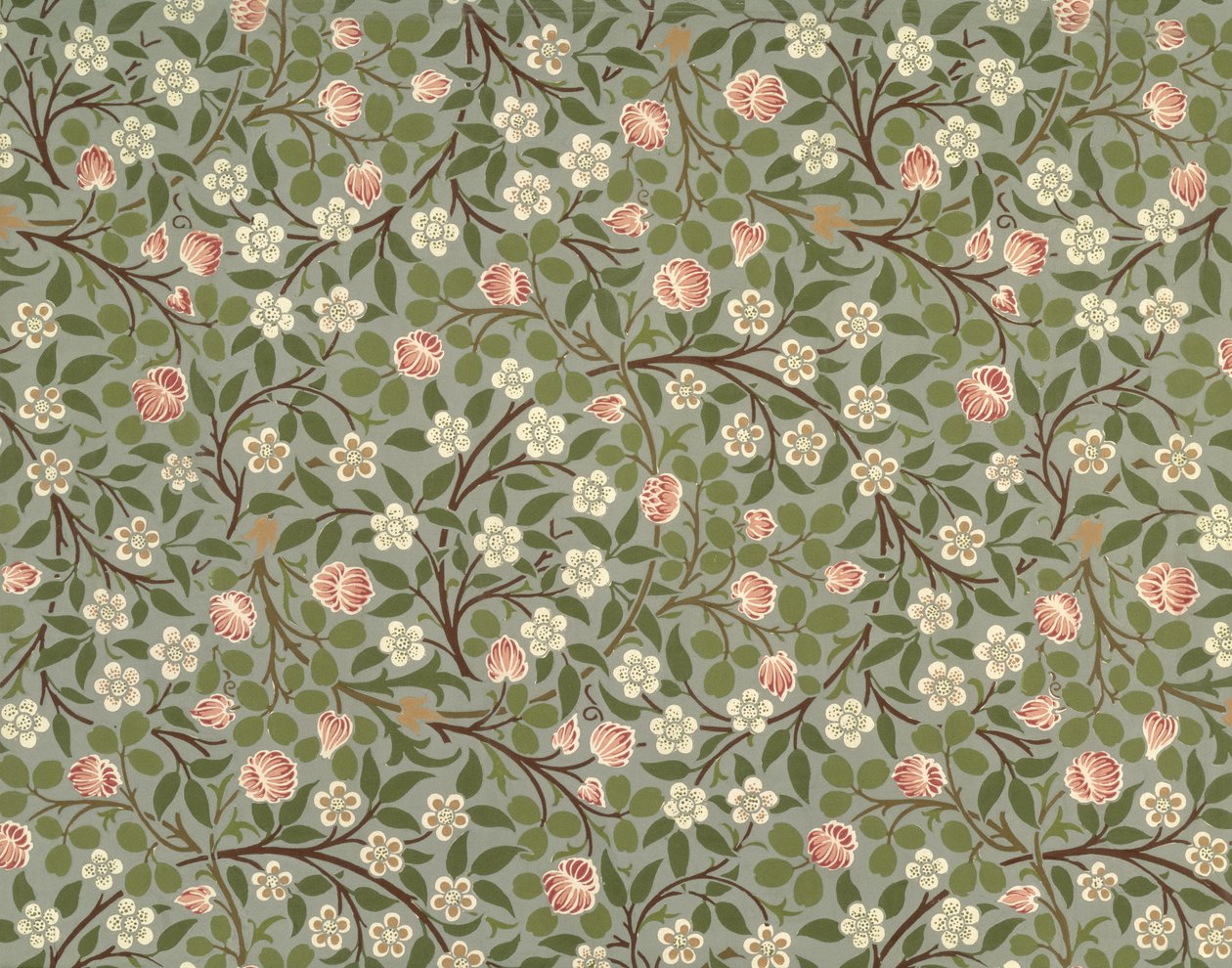 Diseño de papel tapiz con flores pequeñas rosas y blancas de William Morris
