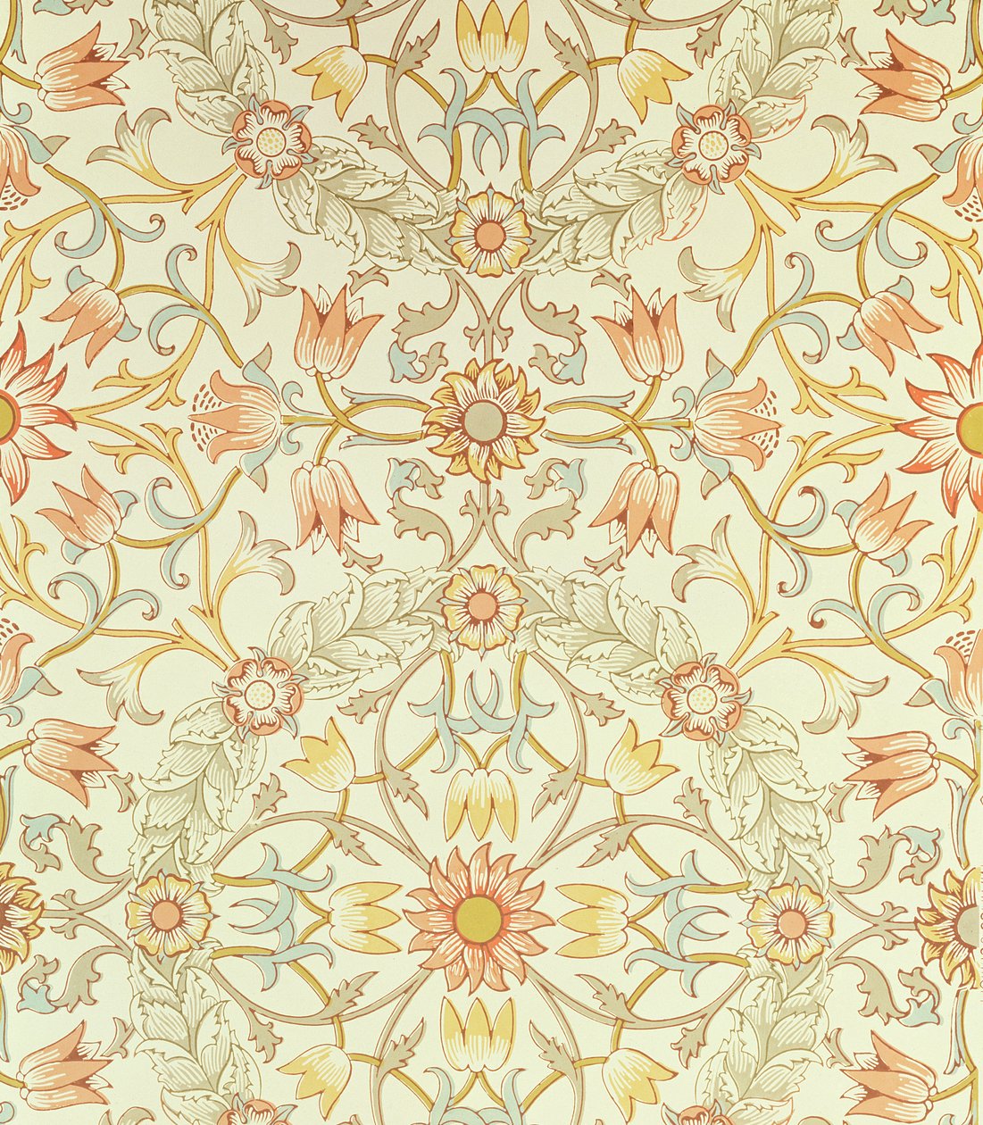 Papel tapiz con un diseño floral de lirios rodeados de rosas diseñado por William Morris de William Morris