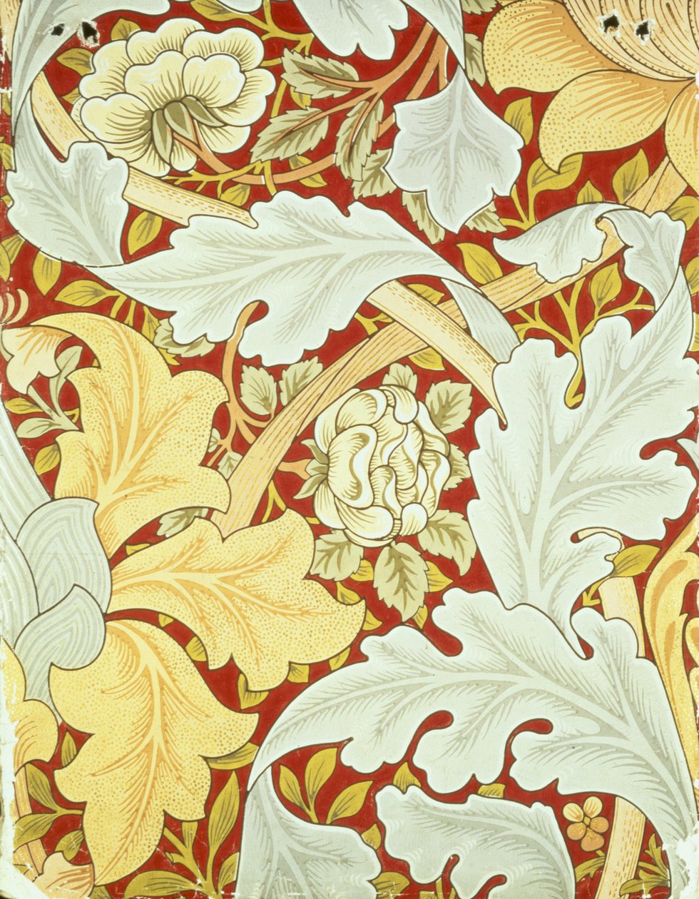 Papel tapiz con hojas de acanto y rosas silvestres sobre un fondo carmesí diseñado por William Morris (1834-96) de William Morris