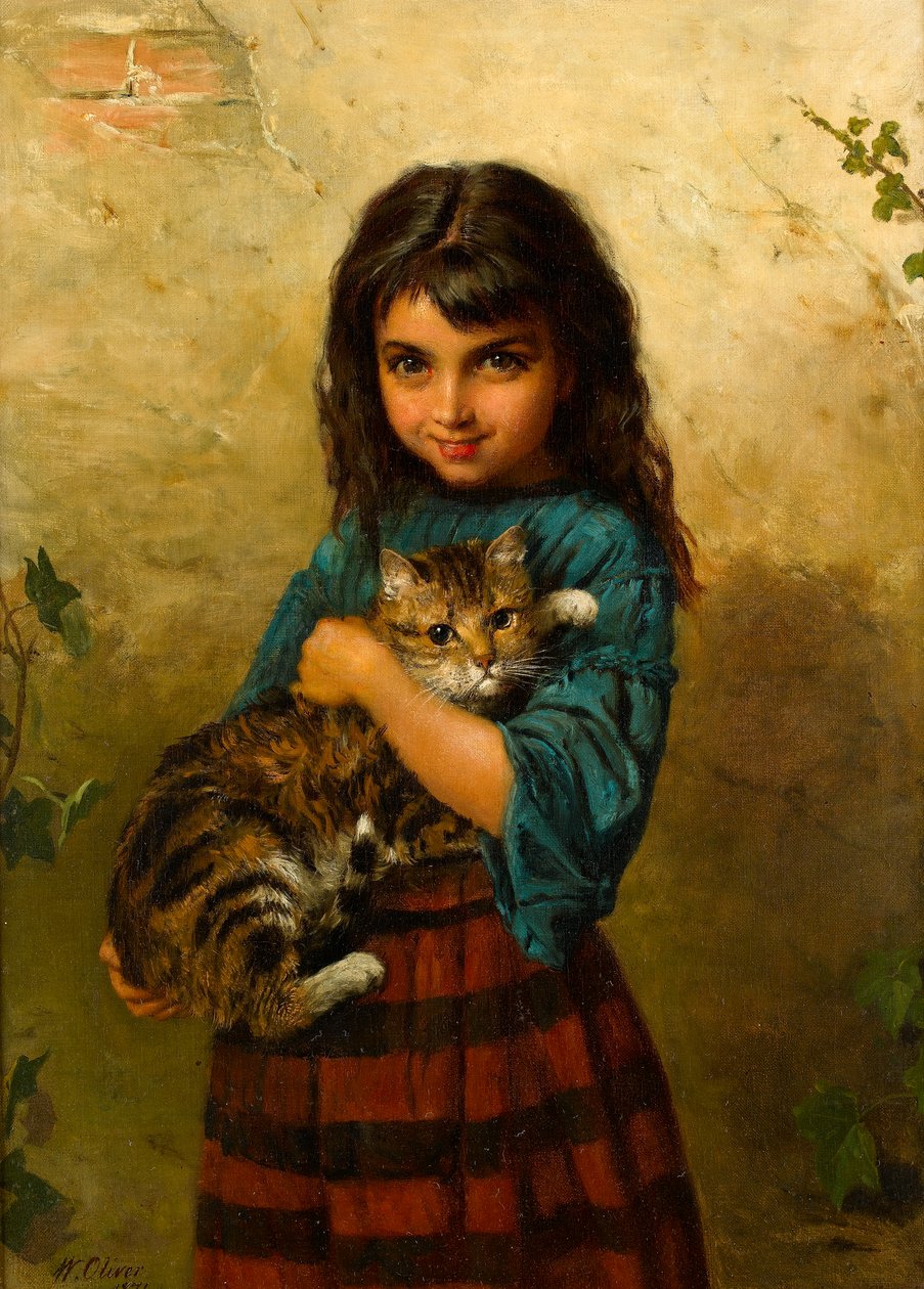 Llena de travesuras, una niña con su gato de William Oliver
