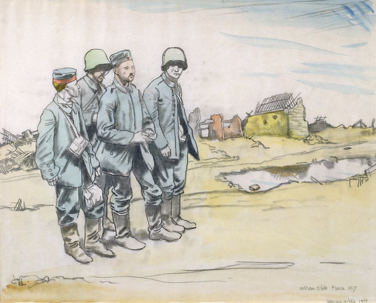 Cuatro Prisioneros Alemanes en un Pueblo Francés, 1917 de William Orpen