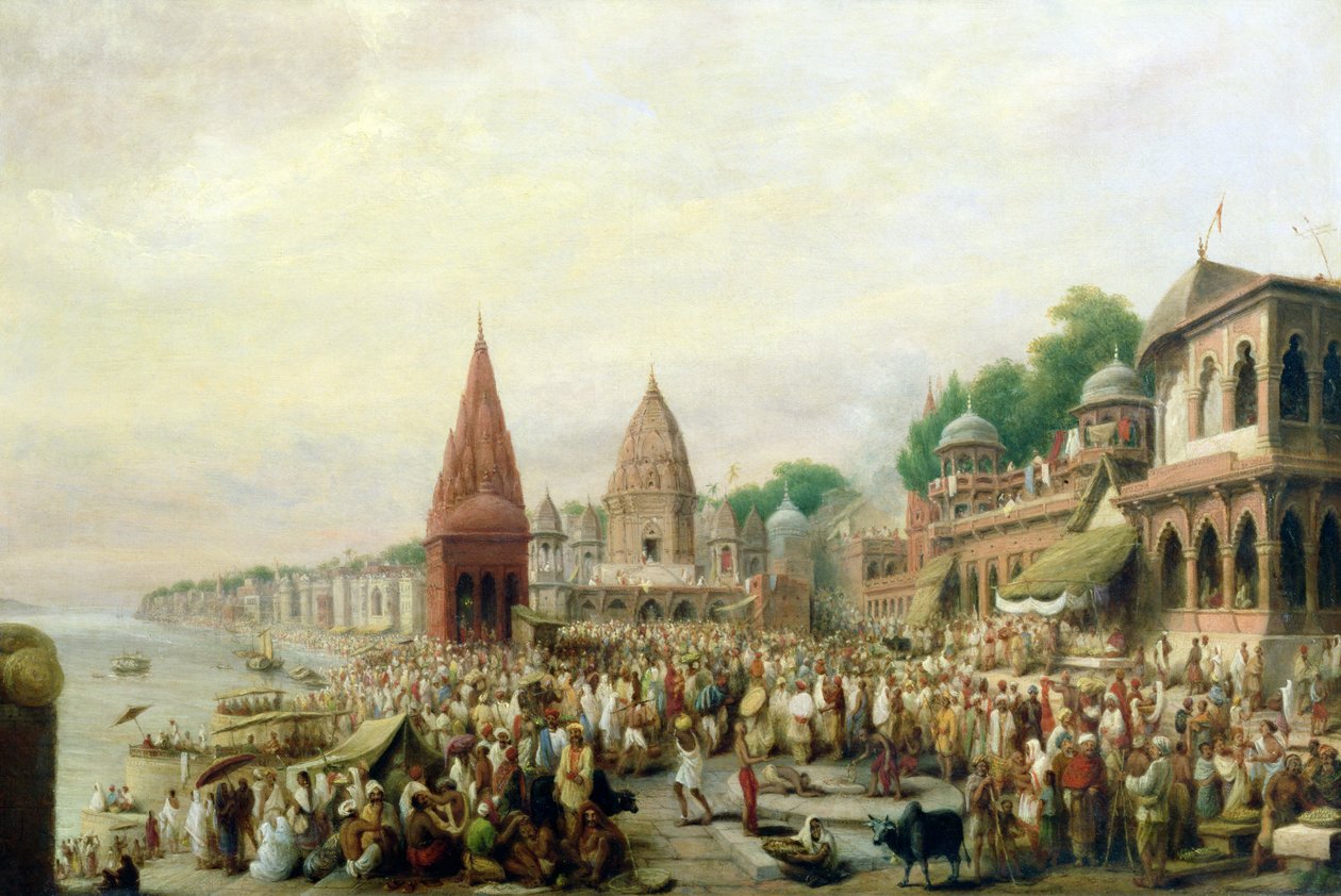 Una vista de Dasaswanadh Ghat, Benarés, durante el Festival Dassera de William Prinsep